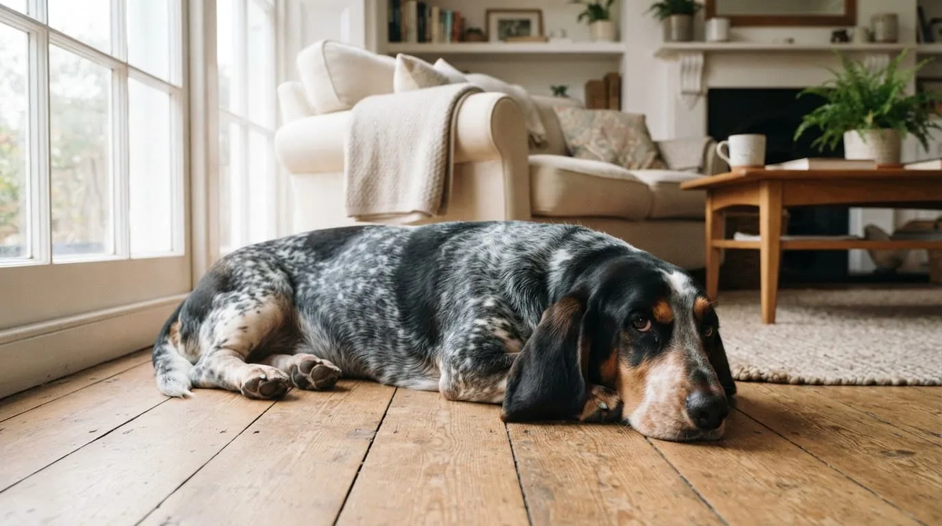 Un Basset Bleu de Gascogne se repose sur un parquet en bois.