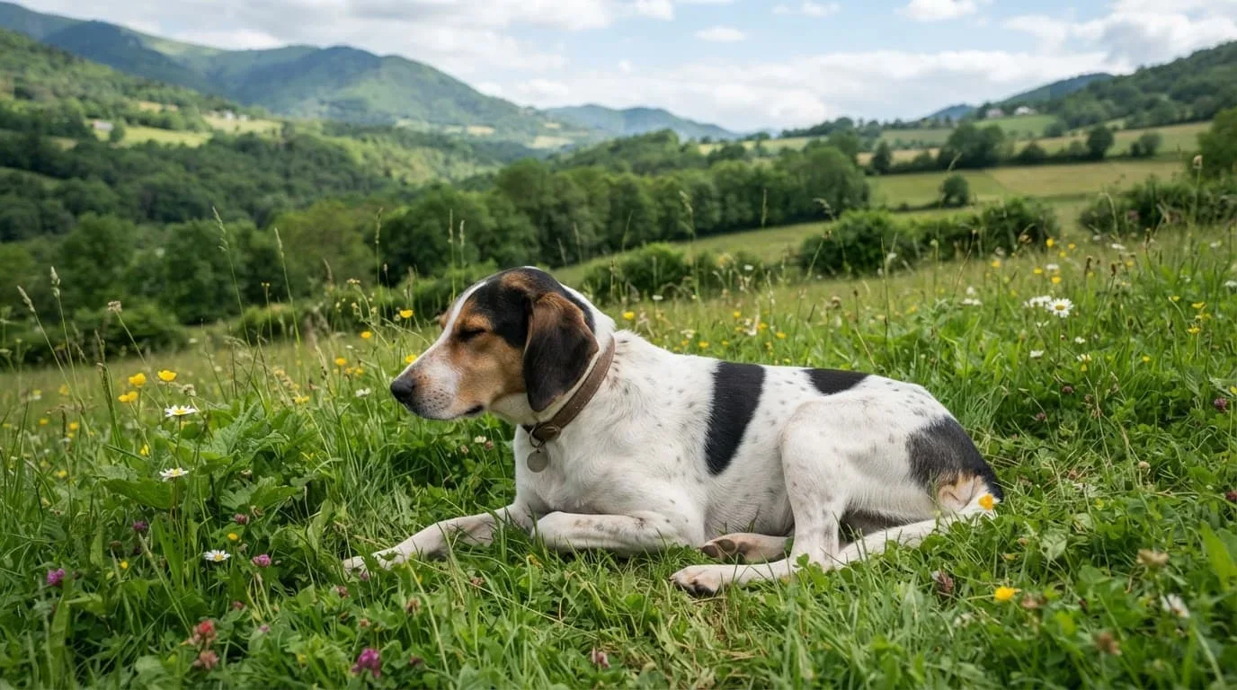 Un chien Ariegeois repose tranquillement dans l'herbe verte d'une prairie.