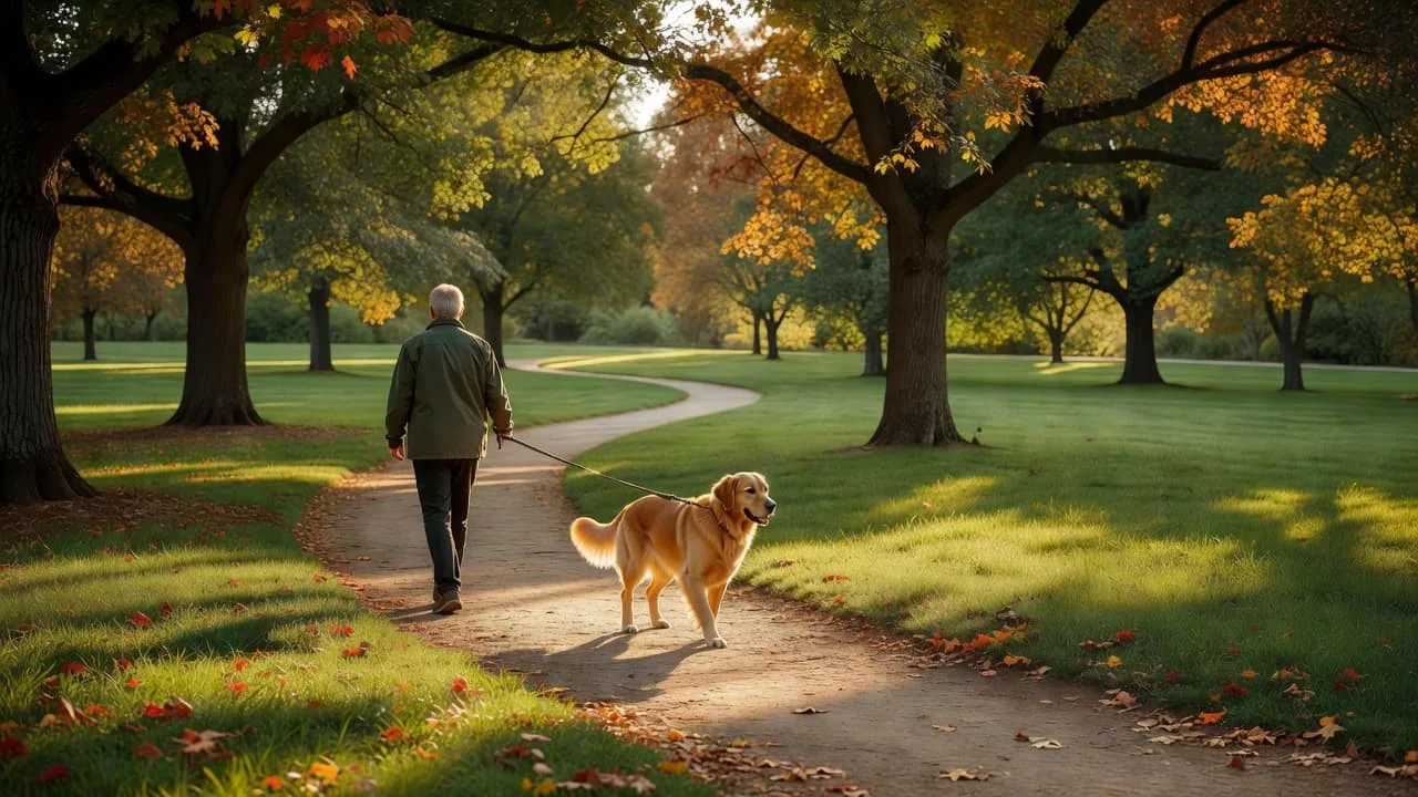 Un chien marche calmement à côté de son propriétaire sur un chemin de parc.