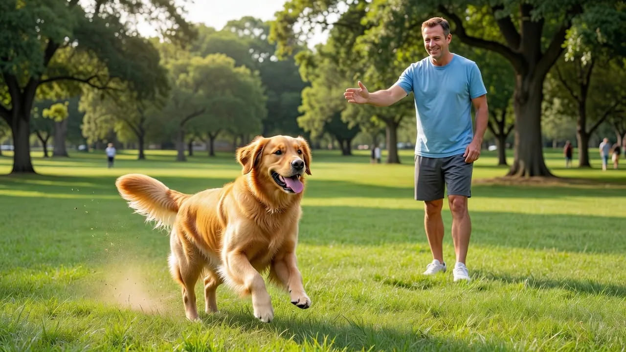 Un chien heureux court vers son propriétaire dans un parc ensoleillé.