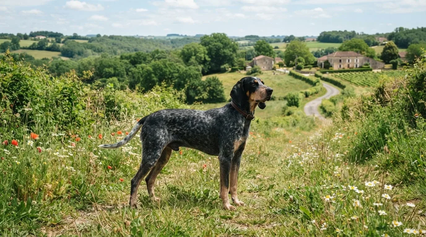 Un chien Petit Bleu de Gascogne dress&eacute; et vigilant dans une campagne verdoyante.