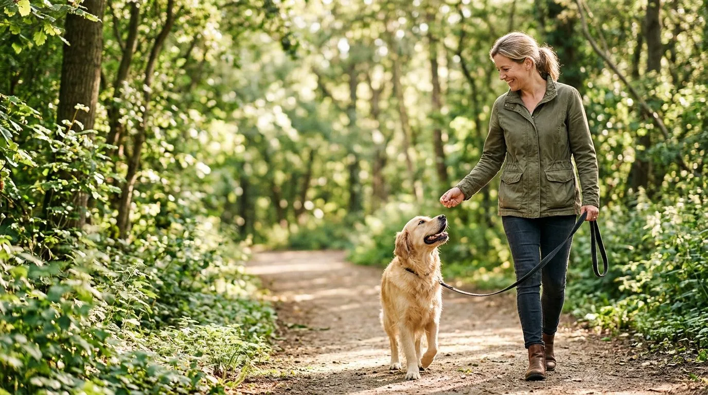 Un chien attentif marche sagement au pied de son propriétaire dans un parc verdoyant.