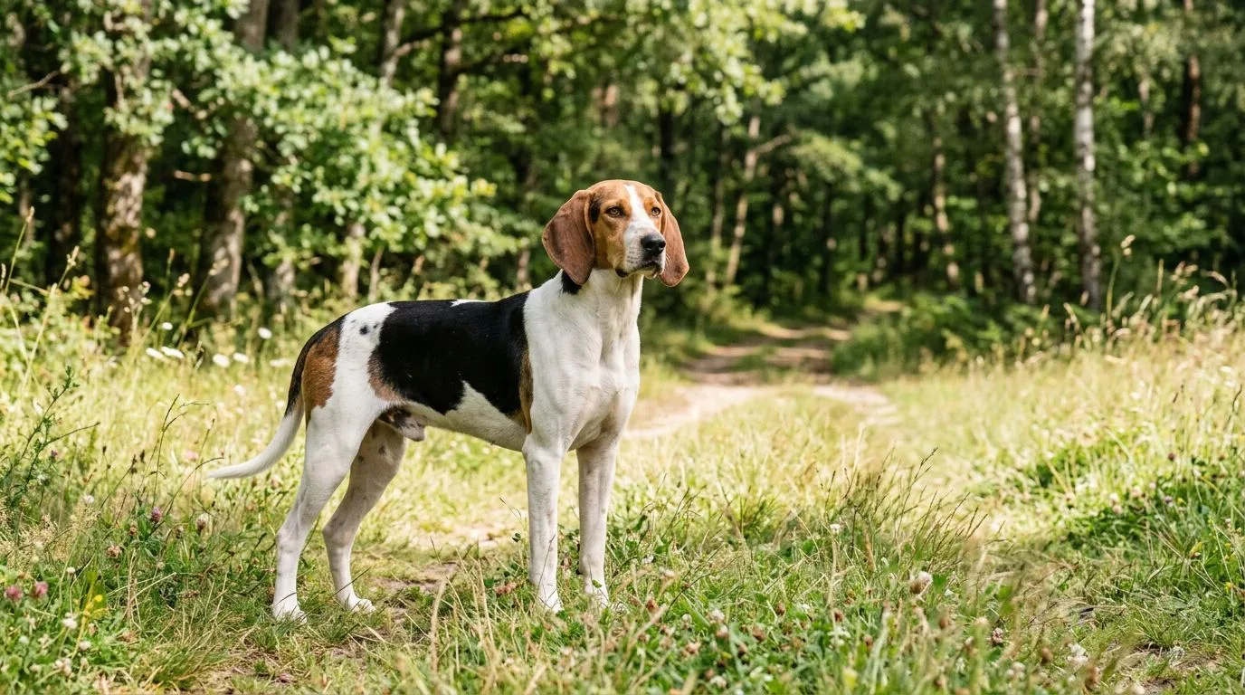 Un chien ariégeois alerte dans une prairie ensoleillée près d'un bois.