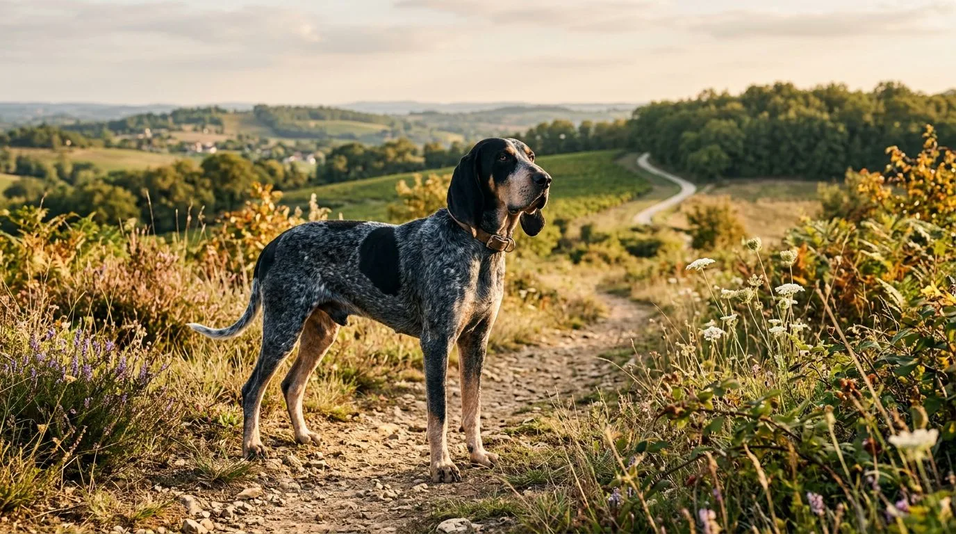 Un chien Grand Bleu de Gascogne dressé sur un sentier ensoleillé.