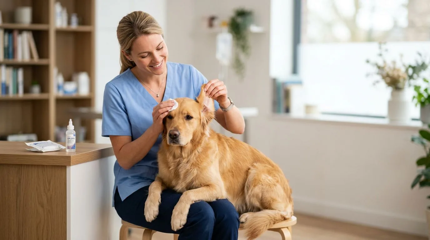 Une vétérinaire en blouse bleue soigne l'oreille d'un golden retriever calme.