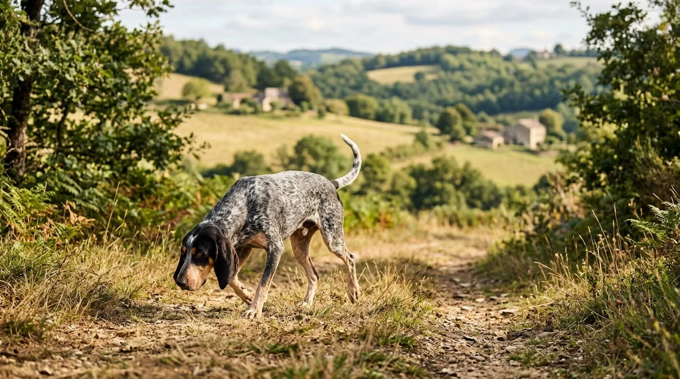 Un chien au pelage moucheté flaire le sol sur un sentier ensoleillé de campagne.