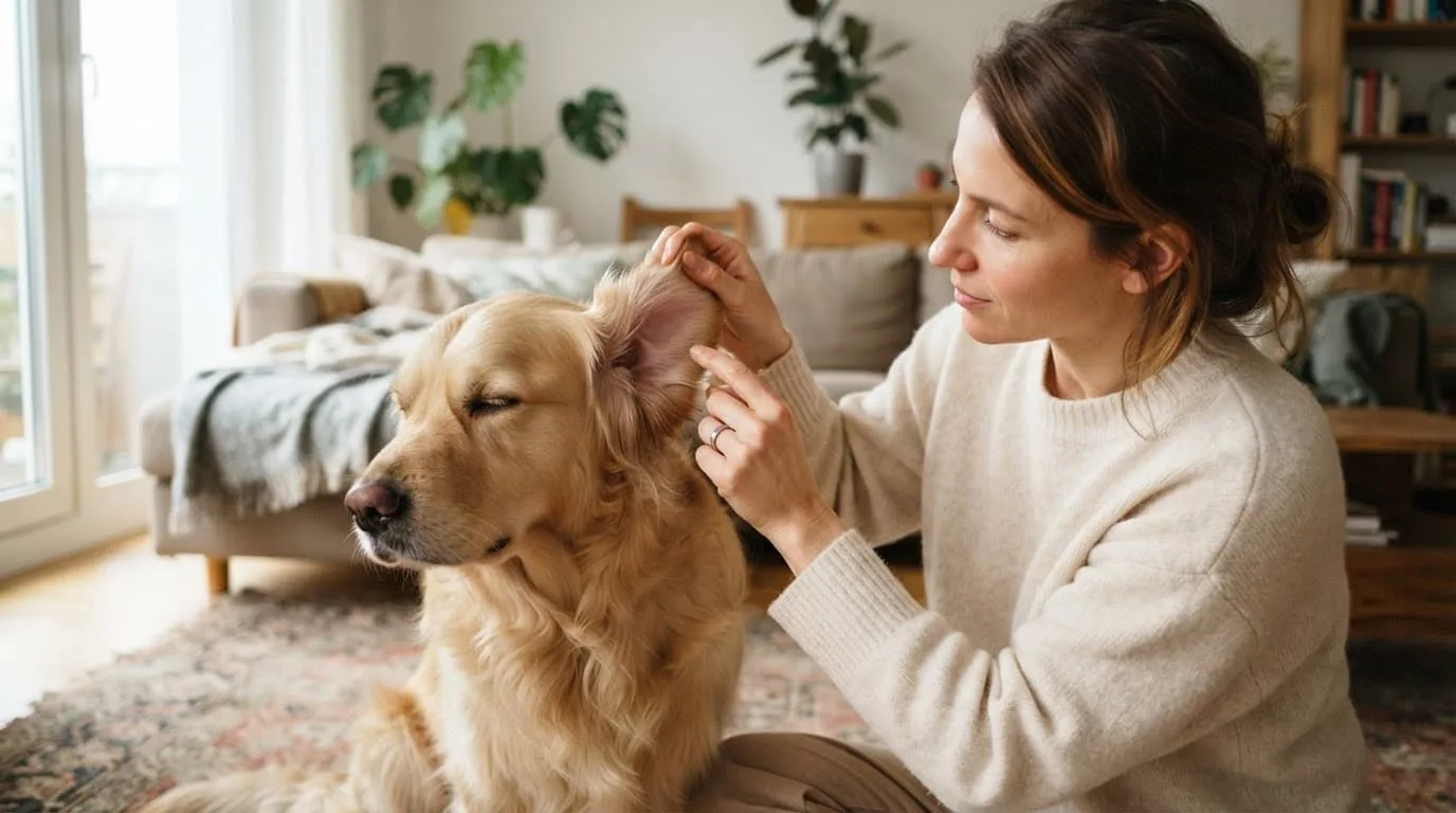 Un propri&eacute;taire examine doucement les oreilles d'un chien golden retriever dans un salon.