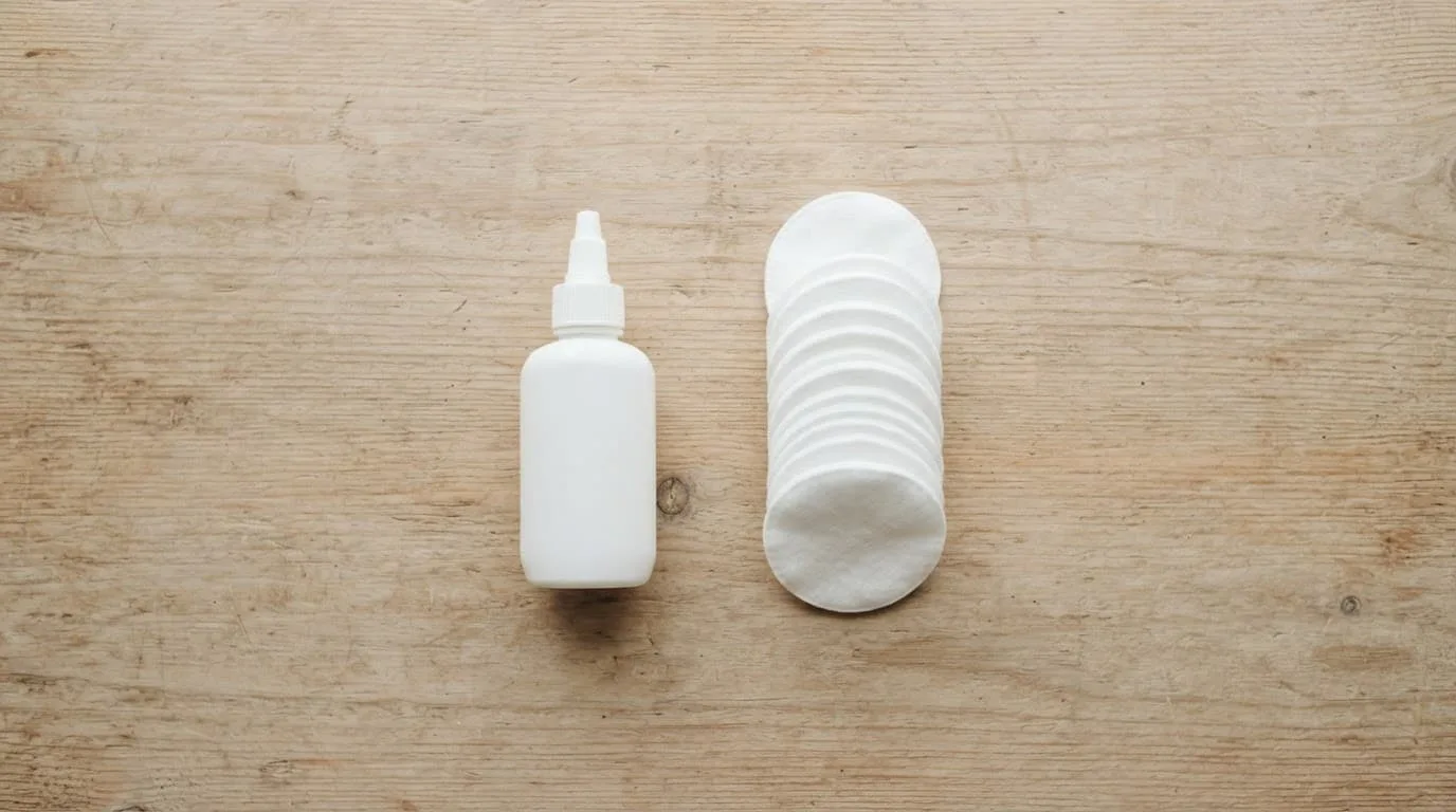 Un flacon de nettoyant pour oreilles et du coton pos&eacute;s sur une table en bois.