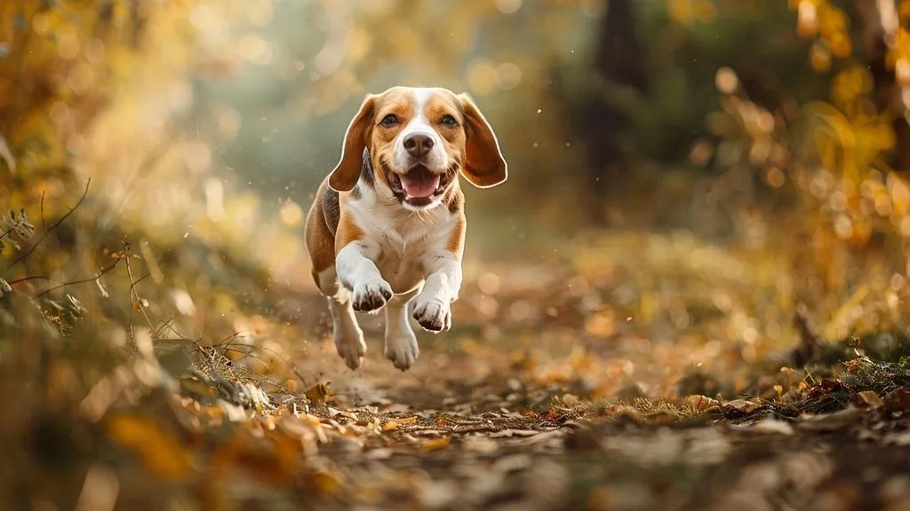 Energetic Beagle enjoying a joyful run along an outdoor trail