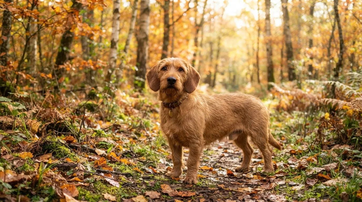 Un Basset Fauve de Bretagne attentif se tient dans une forêt ensoleillée aux couleurs d'automne.