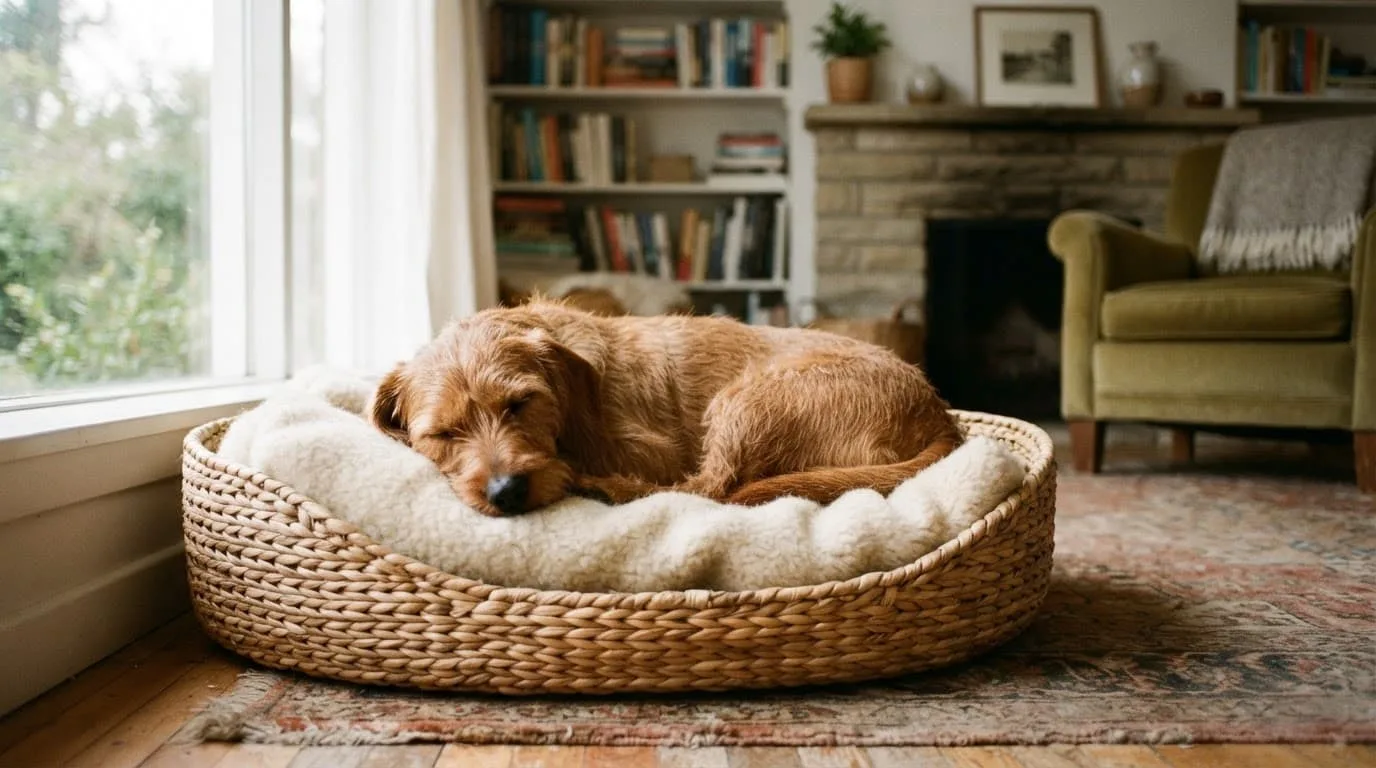 Un Basset Fauve de Bretagne dort dans un panier tressé, près d'une fenêtre.