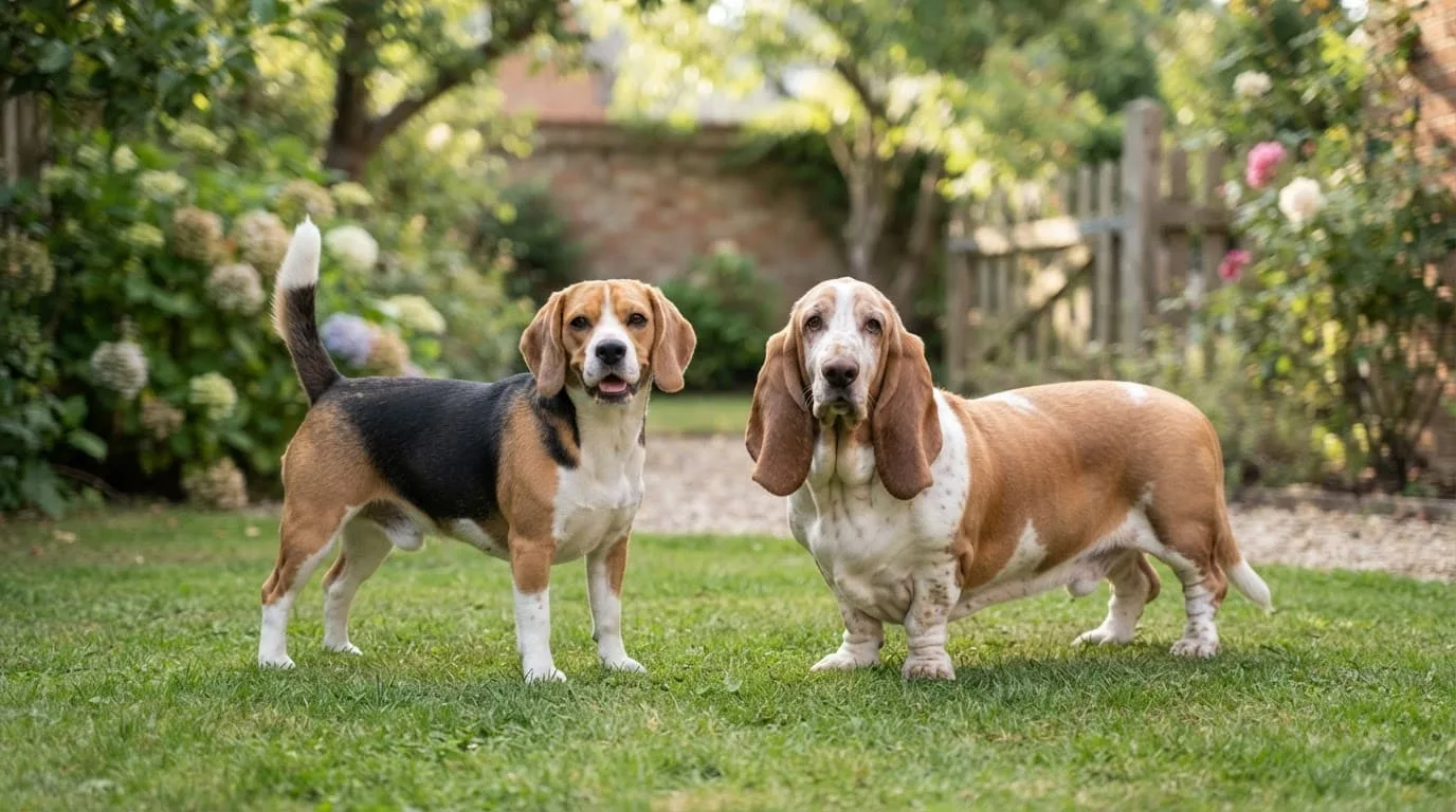 Un Beagle tricolore et un Basset Hound fauve et blanc debout côte à côte dans un jardin.