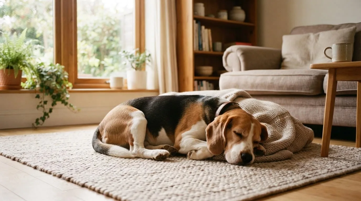 Un beagle tricolore repose sur un tapis dans un salon lumineux.