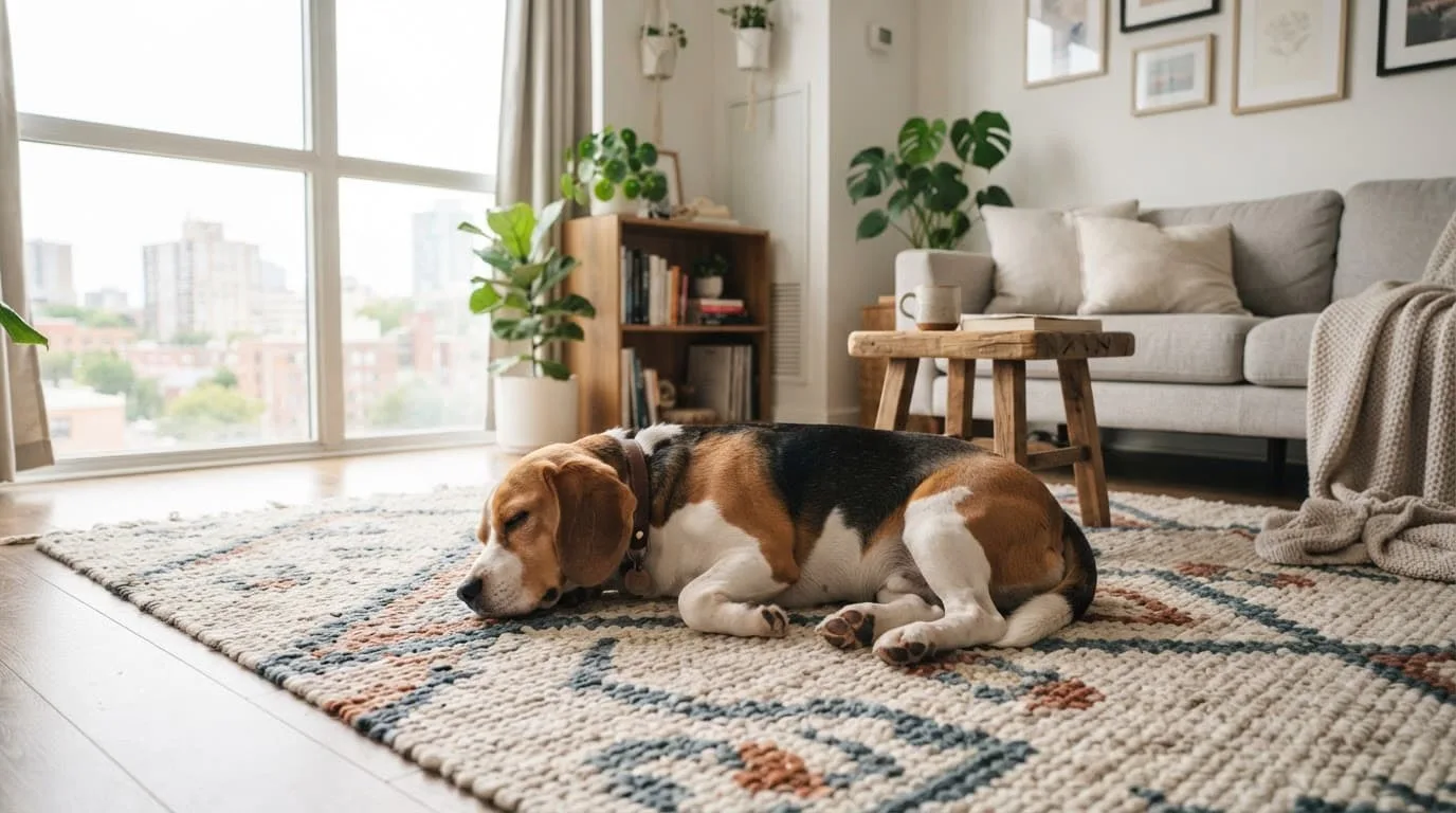 Un beagle repose sur un tapis tissé dans un salon moderne baigné de lumière naturelle.