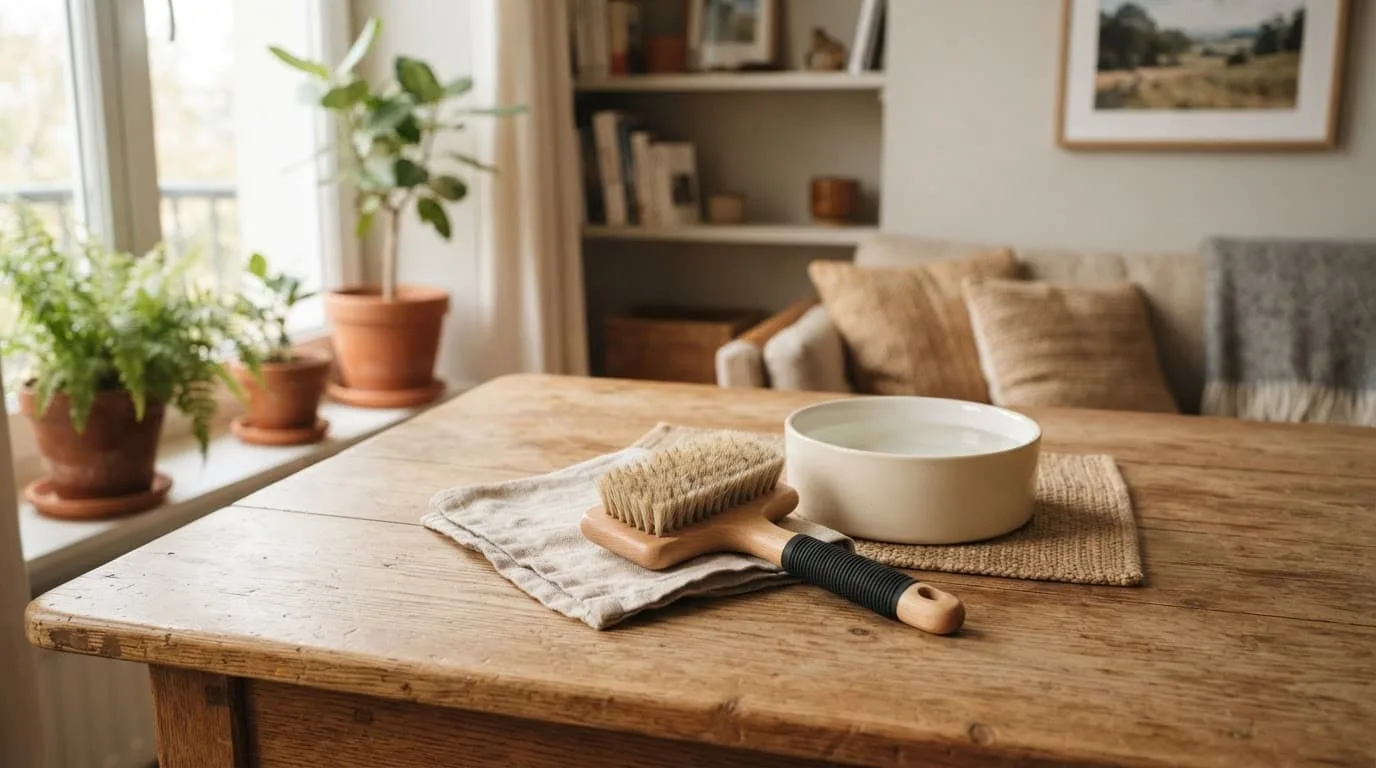 Une brosse pour chien et un bol d'eau sur une table en bois.