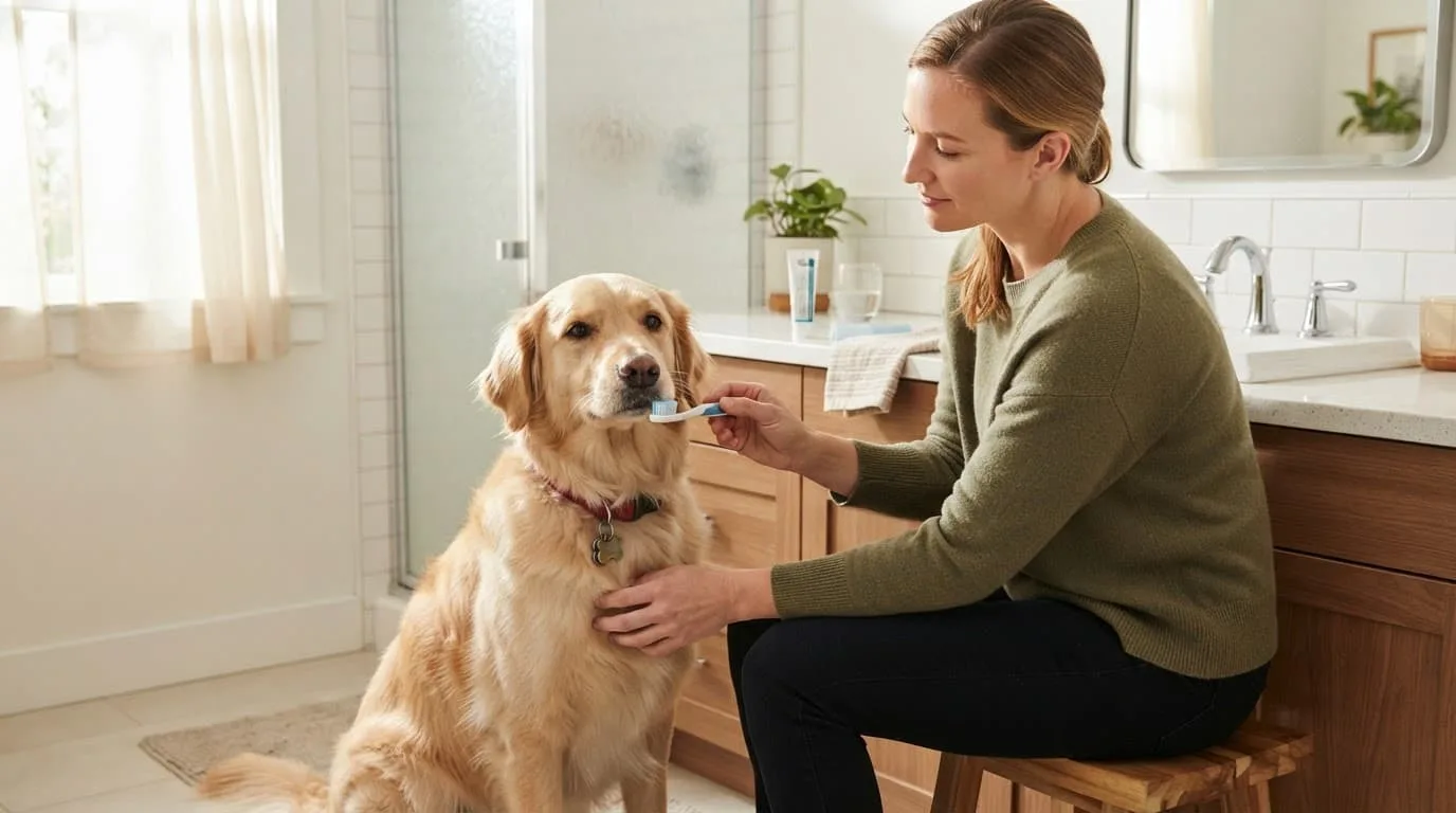 Un chien calme d&eacute;couvre une brosse &agrave; dents pr&egrave;s de sa propri&eacute;taire, dans une salle de bains lumineuse.