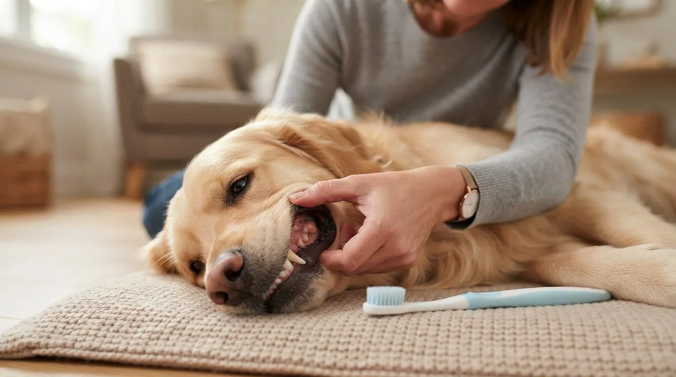 Un golden retriever montre ses dents tandis qu'une main soul&egrave;ve doucement sa l&egrave;vre.
