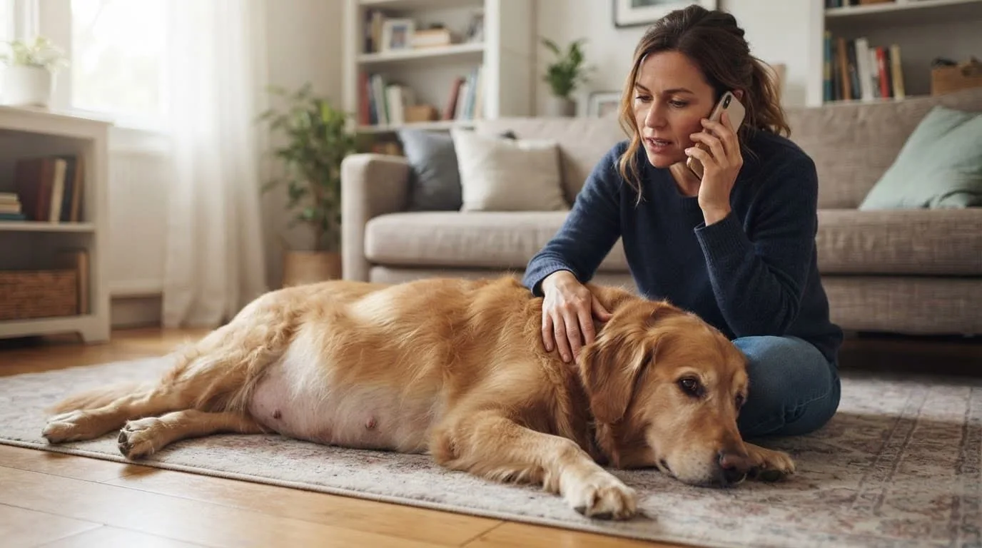 Un grand chien au ventre distendu repose près de son propriétaire, qui appelle un vétérinaire.