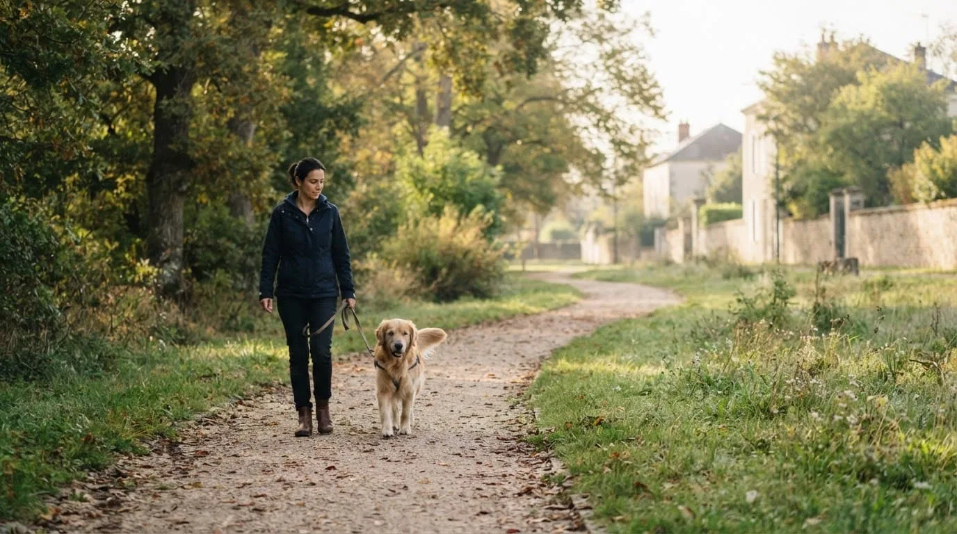 Un chien marche avec son propriétaire sur un sentier arboré.