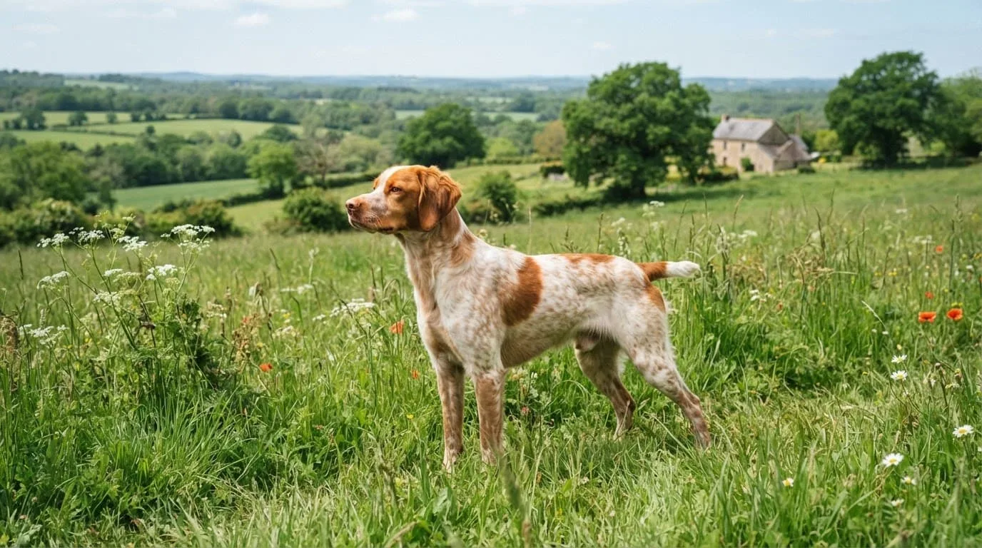 Un chien blanc et orange se tient dans un pré verdoyant.