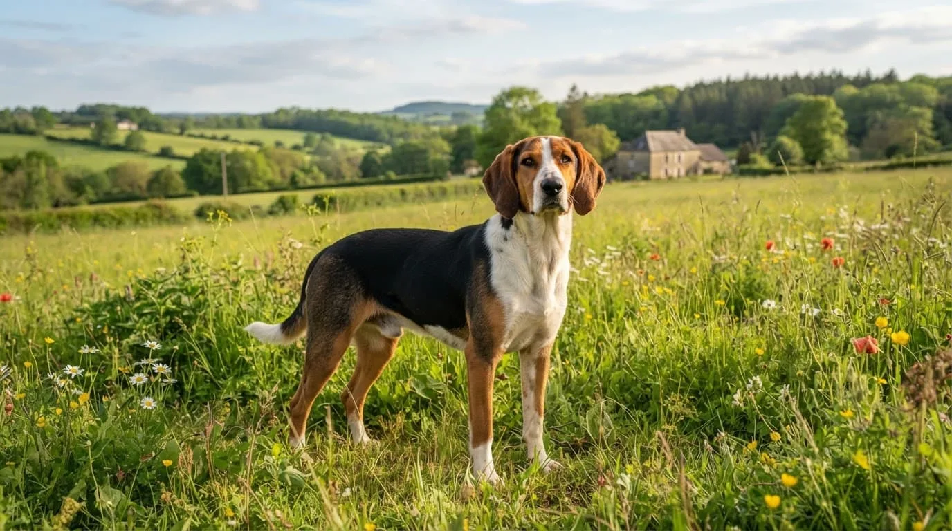 Un Chien d'Artois tricolore debout dans une prairie fran&ccedil;aise ensoleill&eacute;e.