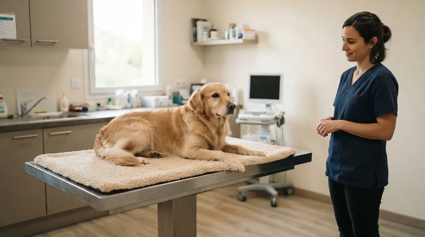 Un chien alerte repose sur un tapis, observé à distance par une vétérinaire.