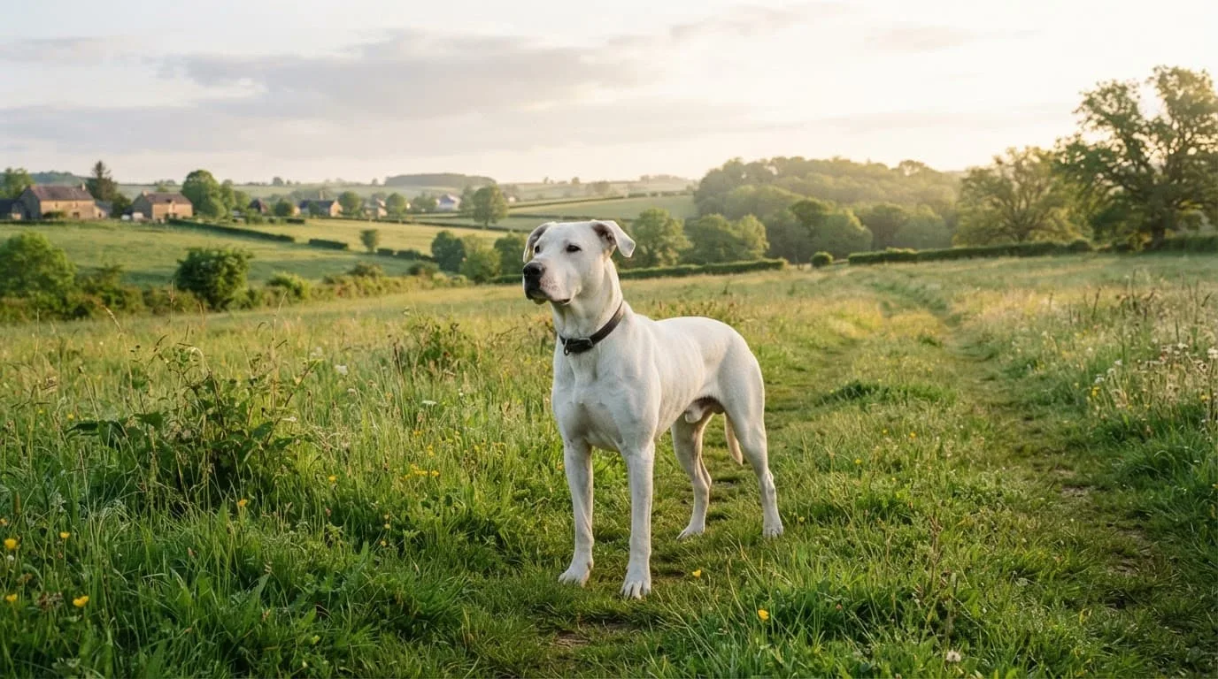 Un chien Billy blanc debout dans une prairie française verdoyante.