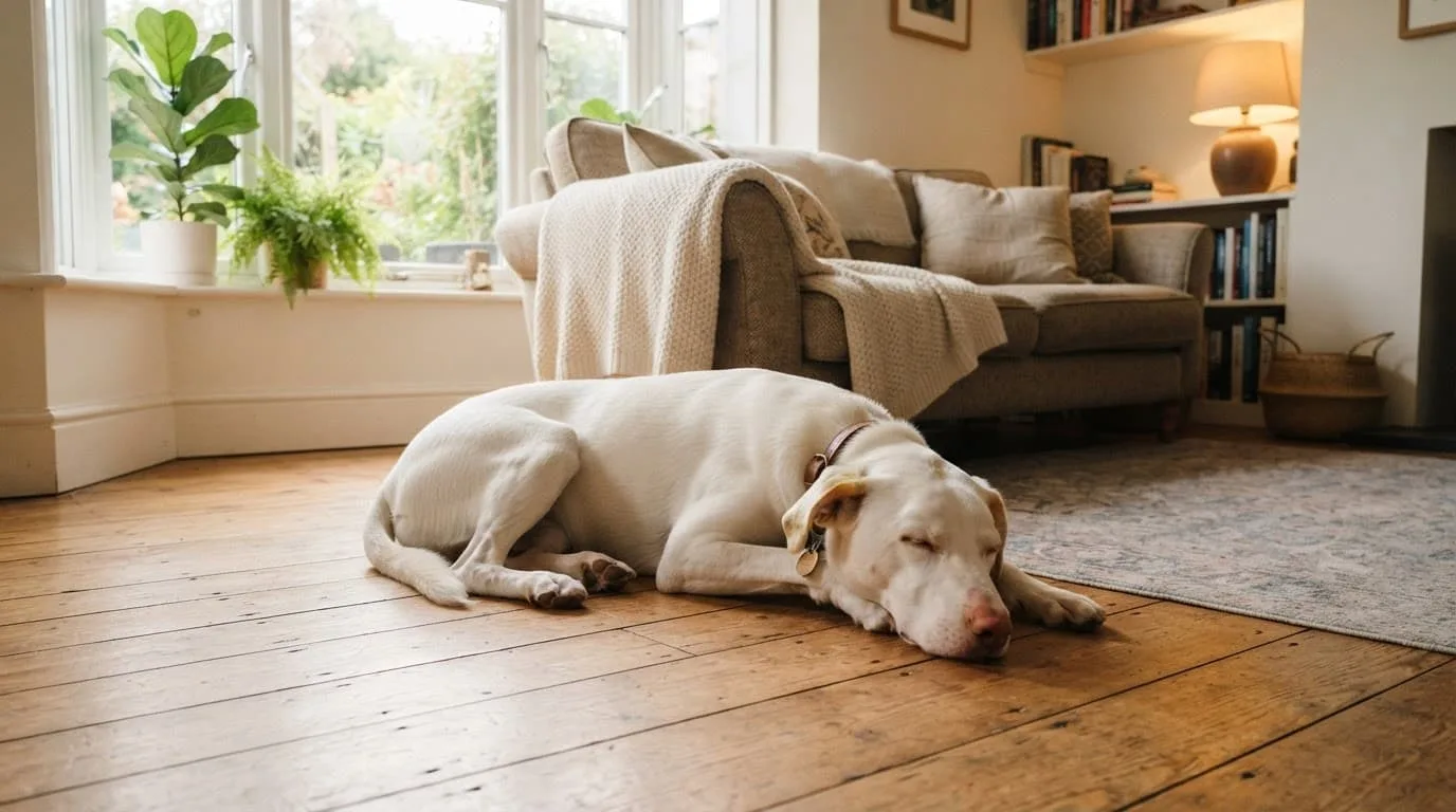 Un chien blanc repose sur un parquet dans un salon lumineux.