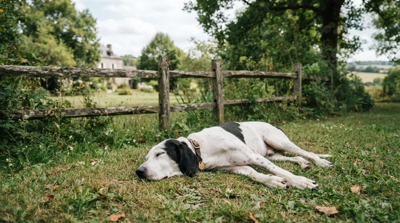 Un grand chien blanc et noir repose sur l'herbe près d'une clôture rustique.
