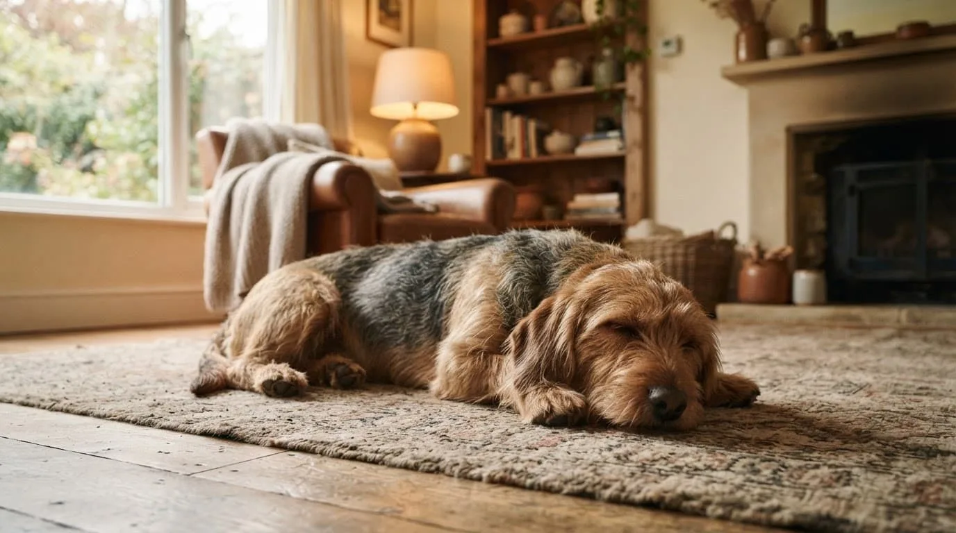 Un chien à poil dur repose sur un tapis dans un salon chaleureux.