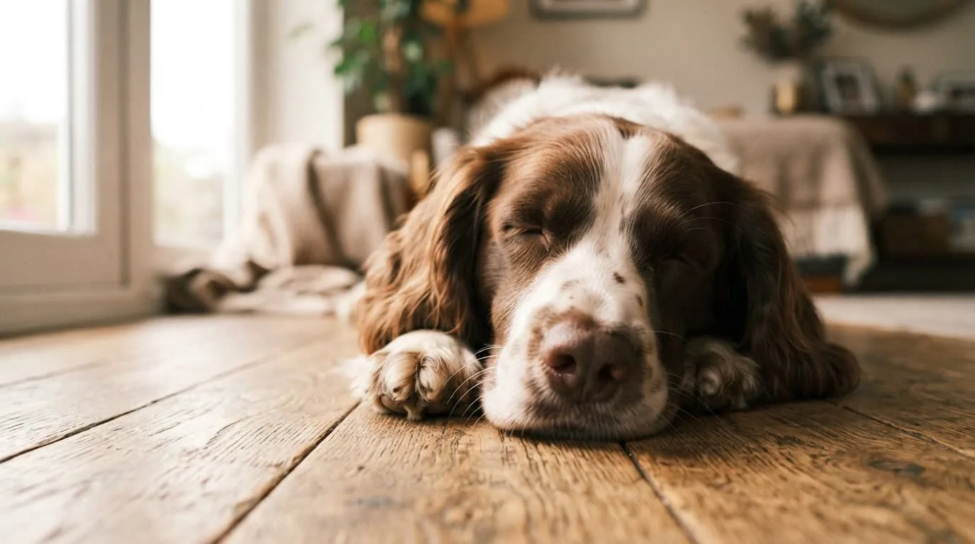 Un chien de chasse aux oreilles tombantes repose paisiblement sur un parquet éclairé par la lumière naturelle.