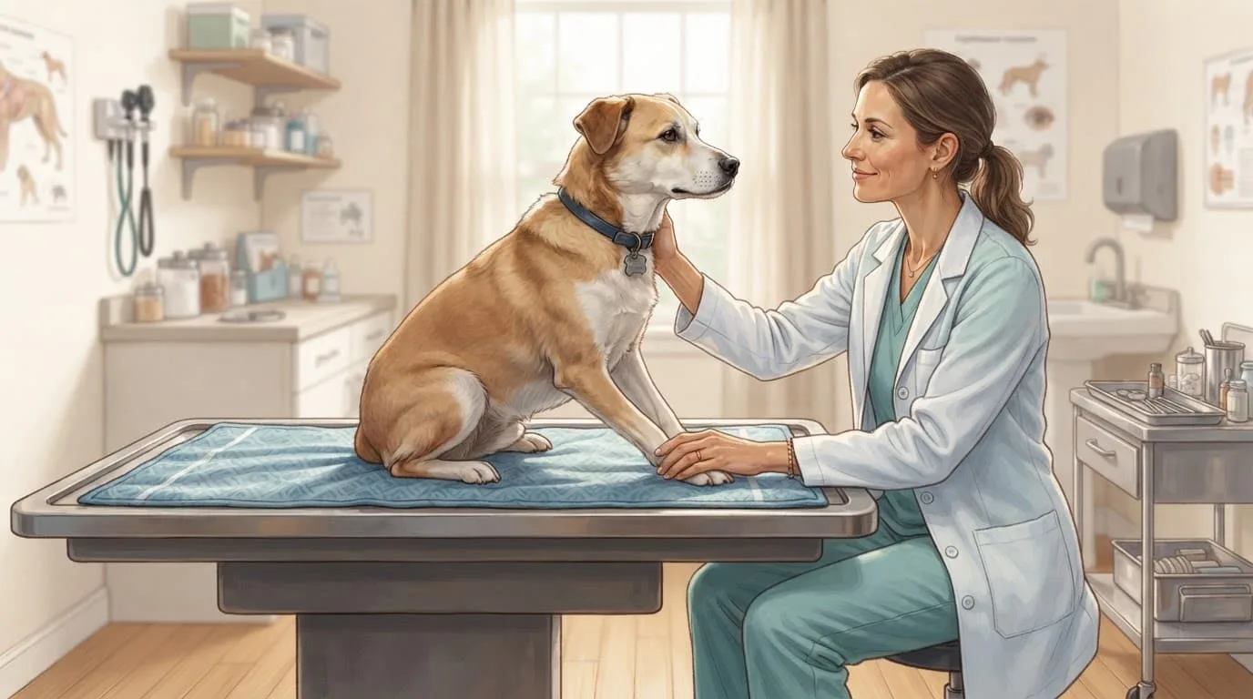 Un chien assis face à une vétérinaire dans une salle de consultation lumineuse.