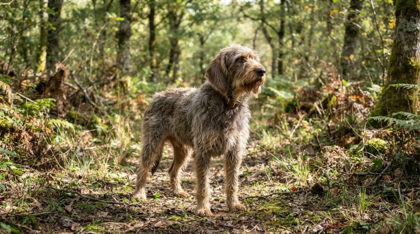 Un chien courant hirsute se tient dans une clairière forestière ensoleillée.