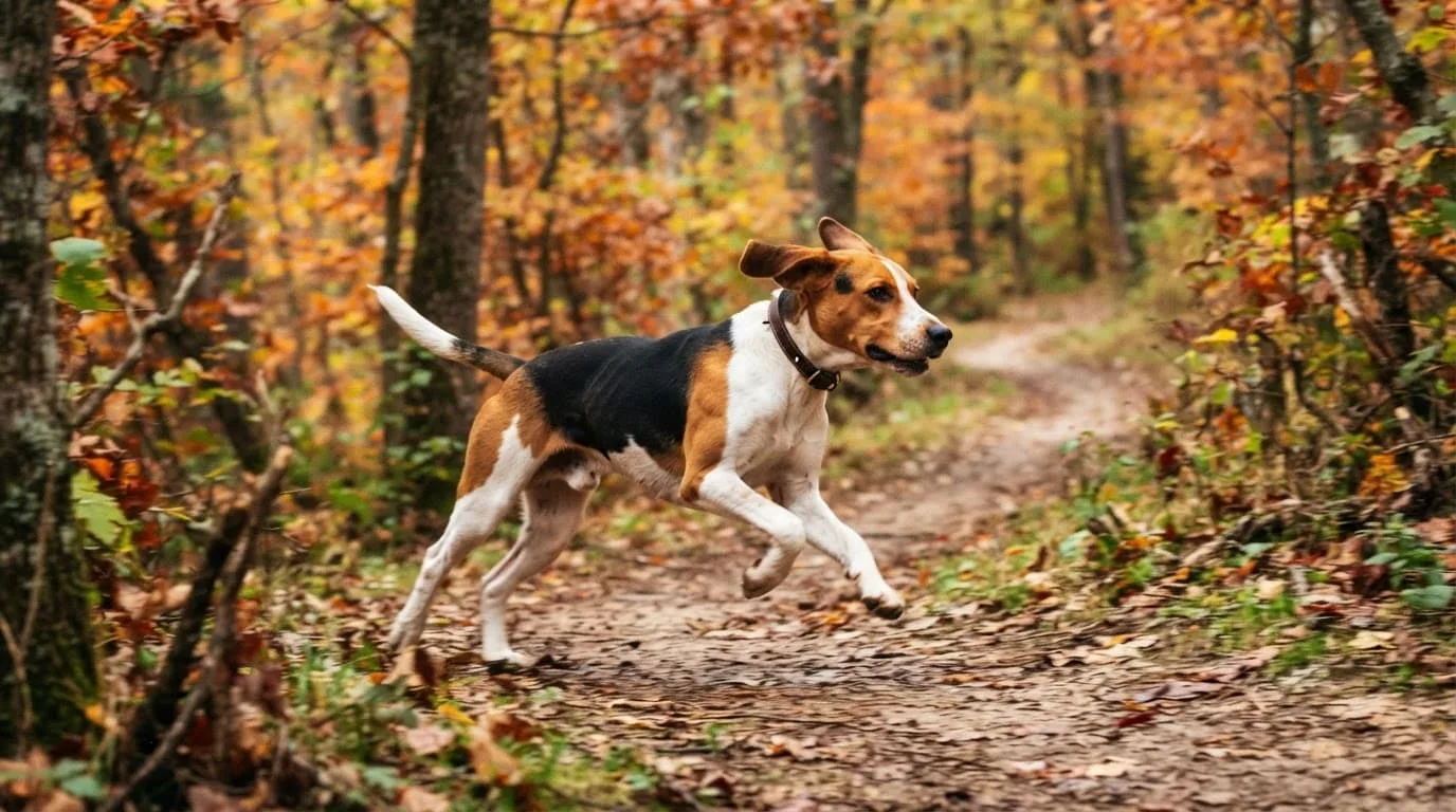 Un chien courant tricolore court sur un sentier forestier bordé de feuilles d'automne.