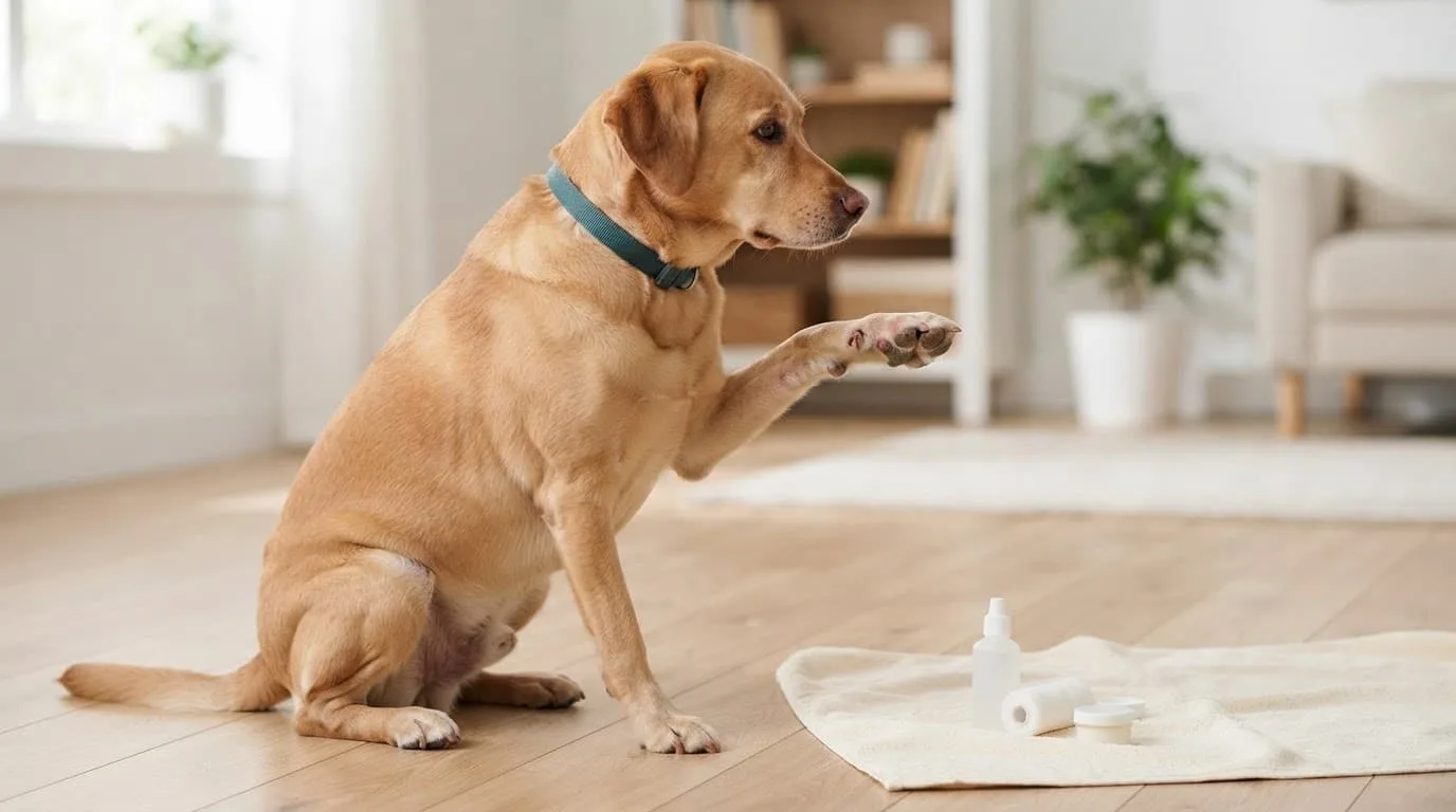 Un chien assis lève une patte avant au coussinet irrité, près d'une serviette et de soins.
