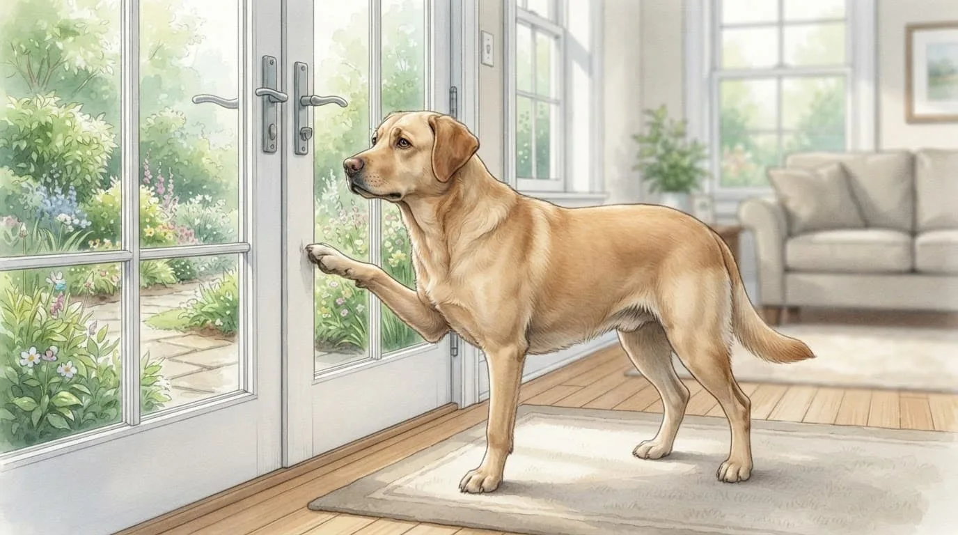 Un chien attend près du jardin pour sortir fréquemment.