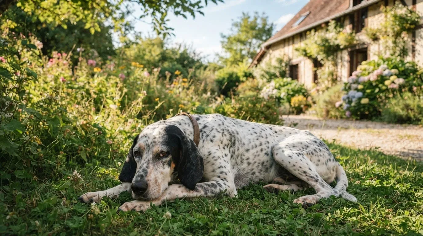 Un Gascon Saintongeois tachet&eacute; repose dans un jardin verdoyant et ensoleill&eacute;.