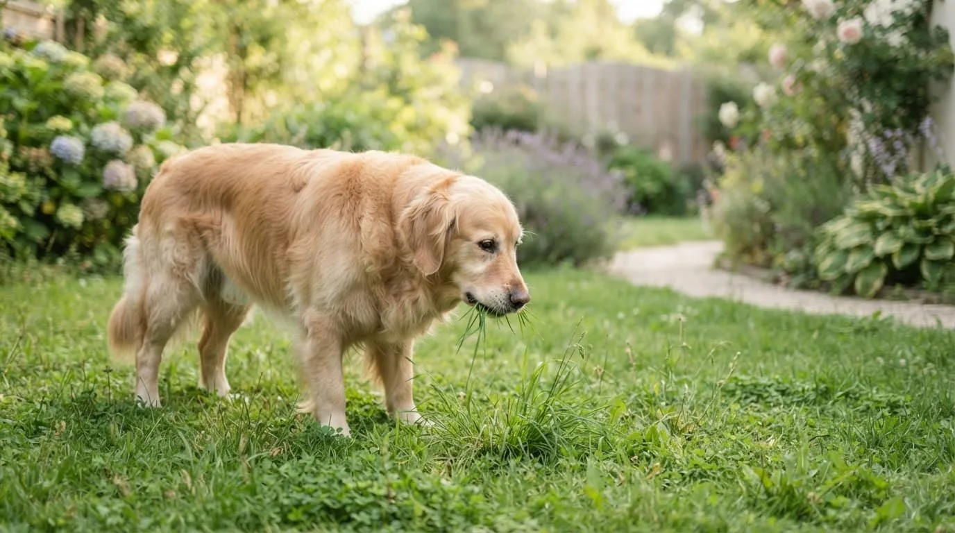 Un chien broute de l'herbe sur une pelouse familiale, sous une douce lumière matinale.
