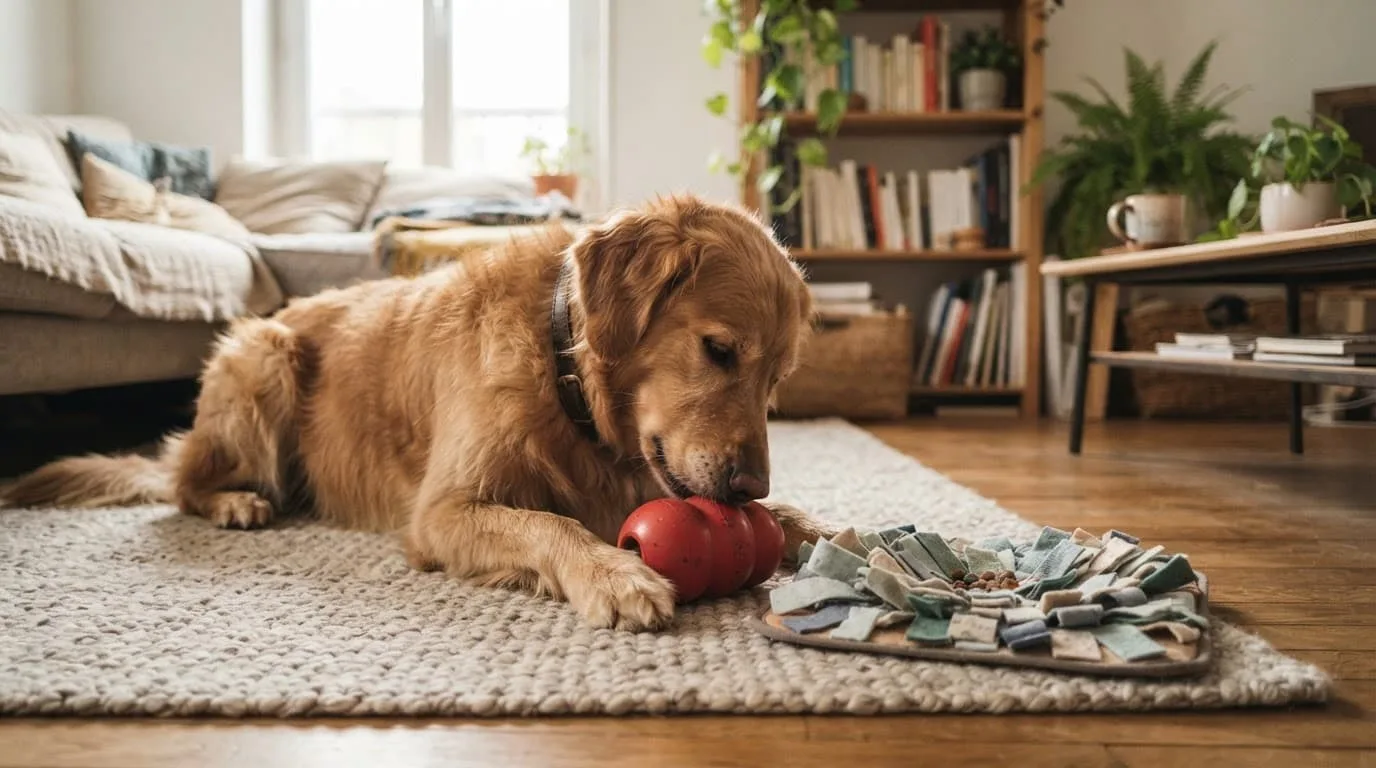 Un chien couché joue avec un jouet rouge près d'un tapis de fouille.