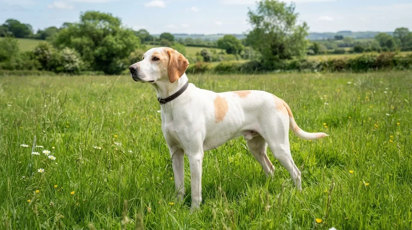 Un chien blanc &agrave; taches orange se tient dans une prairie verte.