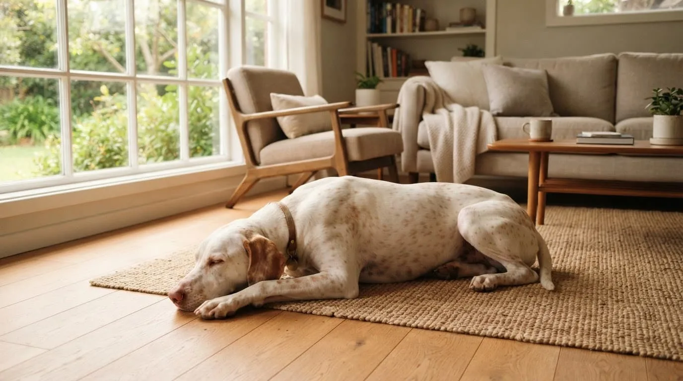 Un chien blanc aux taches orange se repose sur un parquet dans un salon lumineux.