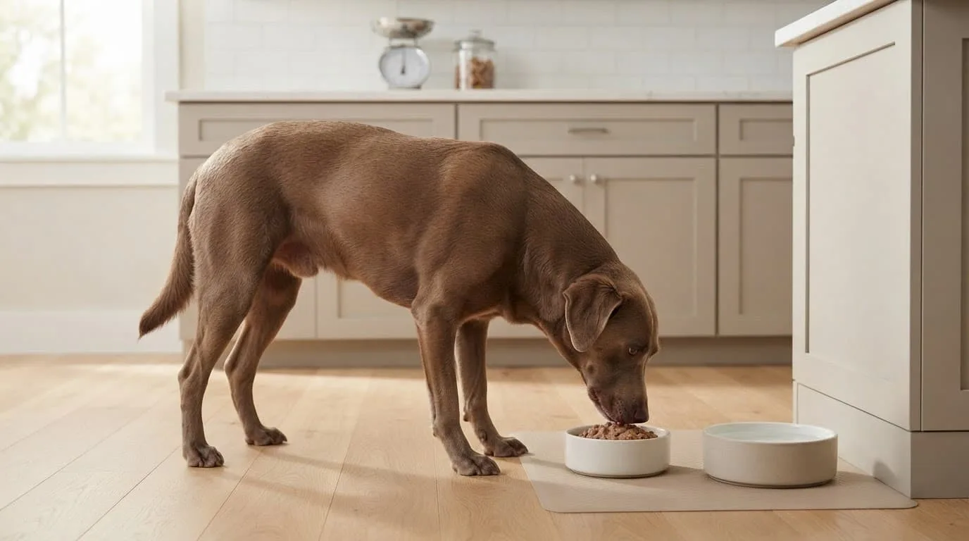 Un chien mange une petite ration, avec un bol d'eau &agrave; c&ocirc;t&eacute;.