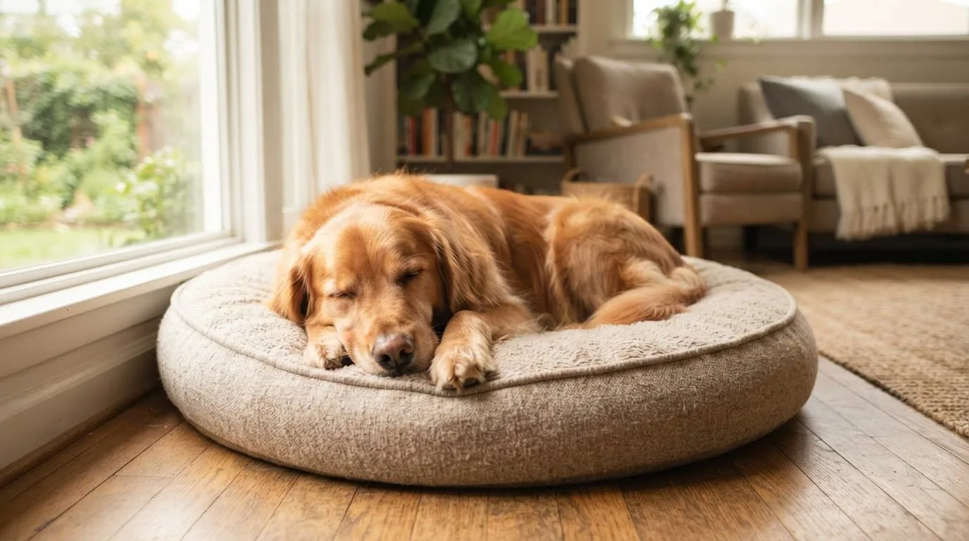 Un chien calme dort sur un coussin dans un salon ensoleillé.