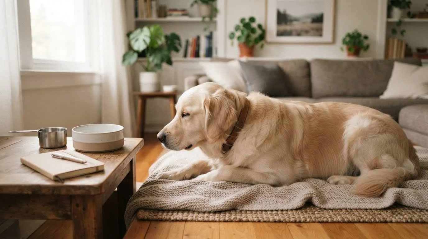 Chien de profil reposant sur une couverture, avec un bol d'eau et un carnet à proximité.