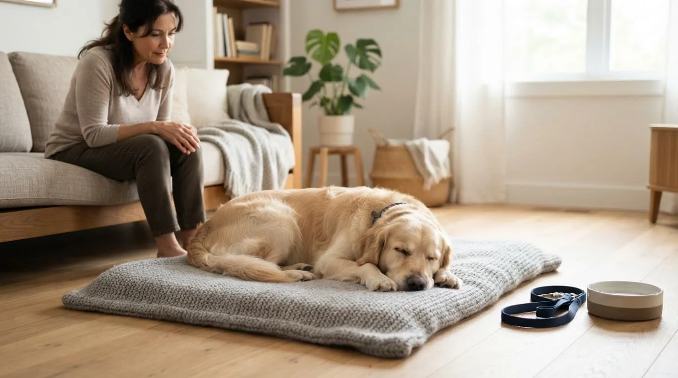 Un chien se repose sur une couverture, observé calmement par son propriétaire.