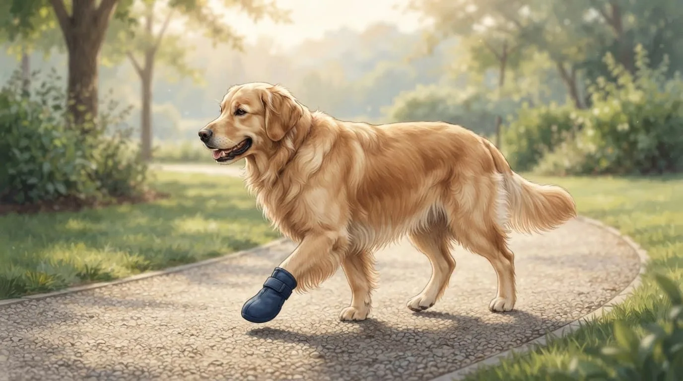 Un chien marche calmement sur un sentier avec une protection sur une patte.