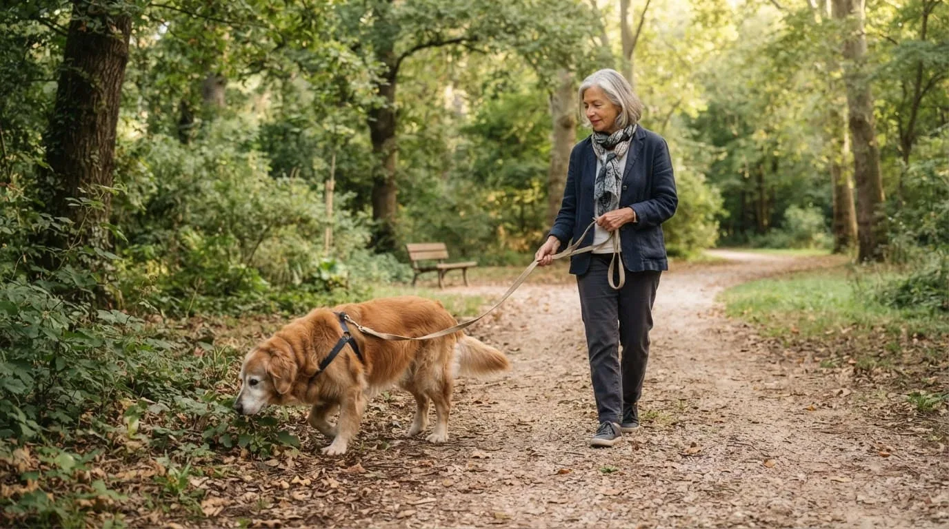 Un chien âgé renifle un chemin ombragé, accompagné de son propriétaire.