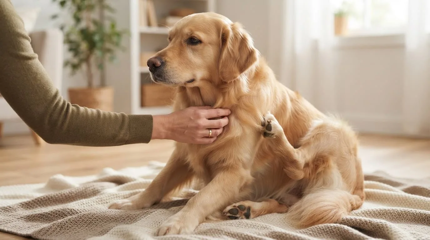Un chien se gratte tandis qu'une main examine doucement son flanc.
