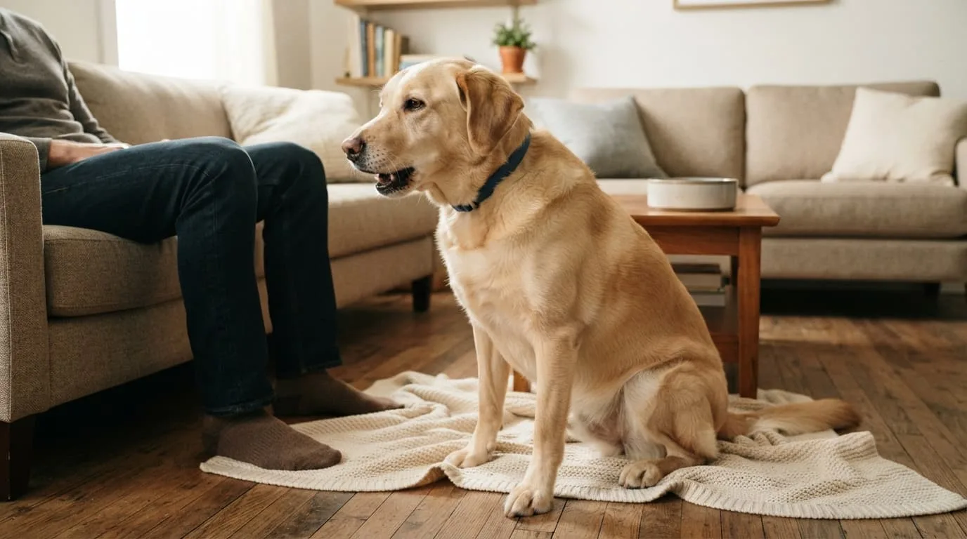 Un chien assis tousse légèrement près des jambes de son propriétaire.