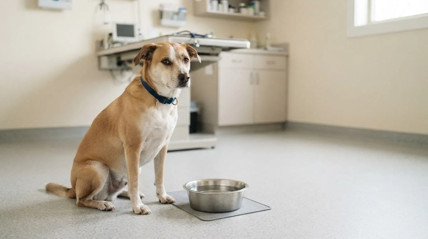 Un chien légèrement fatigué reste assis près d'une gamelle d'eau.